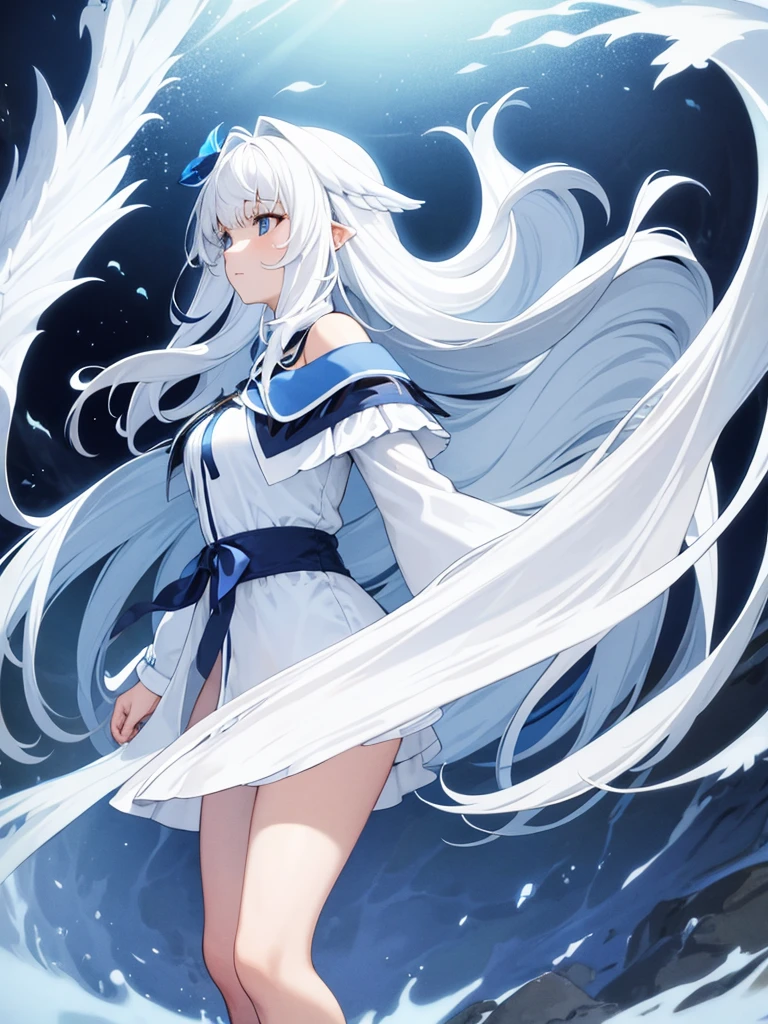 Blue Ribbon, white hair, long hair, wing hair, White wing, off the shoulder coats, white Short dress, full body, concept art, sky inner hair