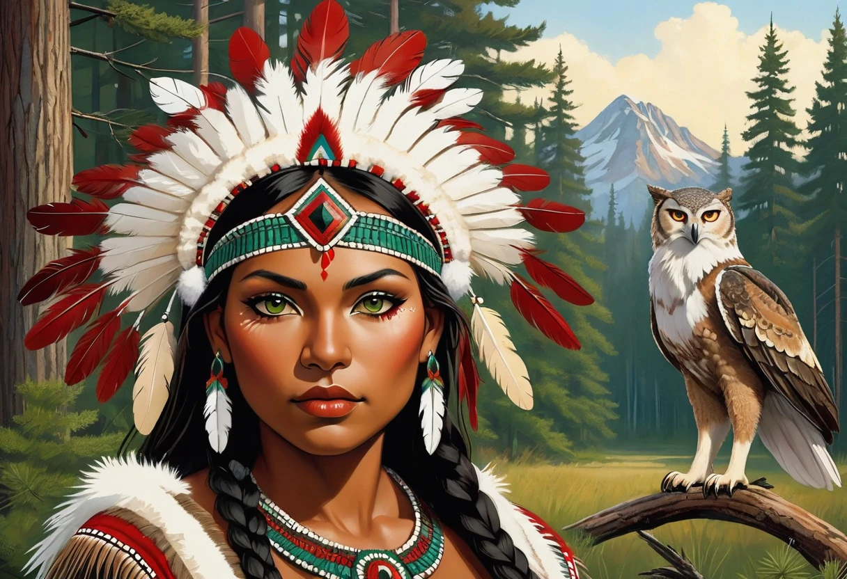 dot art of a Native American Indian woman, featuring dark skin adorned with two red painted lines on her cheeks. She wears a regal dark green dress embellished with white and beige feathers, her amber-brown eyes gazing confidently at the viewer. Her straight black hair is braided with white ribbons, adorned with a long war bonnet of white and beige feathers trailing to her lower back. Beside her stands a majestic wolf, while an American eagle and an owl perch on pine trees in the background. The scene is set in a serene forest field with a teepee tent nearby.  