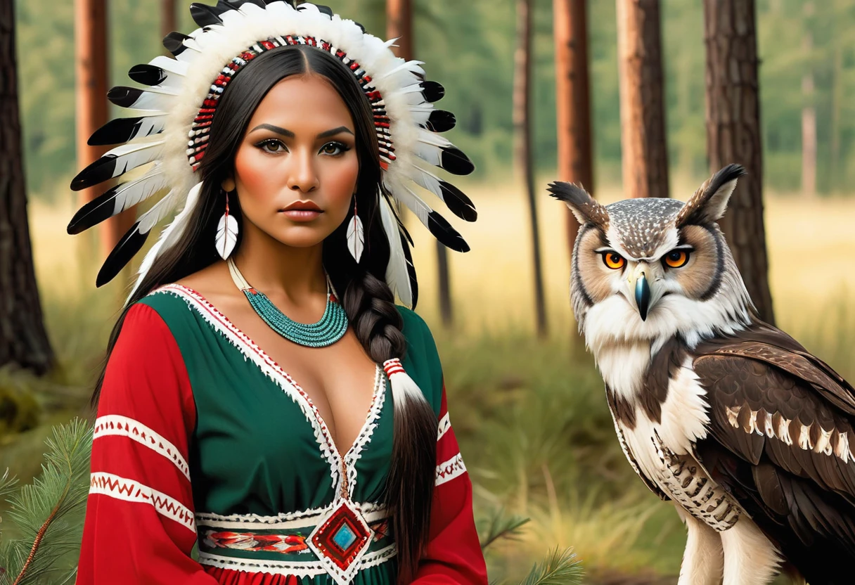 dot art of a Native American Indian woman, featuring dark skin adorned with two red painted lines on her cheeks. She wears a regal dark green dress embellished with white and beige feathers, her amber-brown eyes gazing confidently at the viewer. Her straight black hair is braided with white ribbons, adorned with a long war bonnet of white and beige feathers trailing to her lower back. Beside her stands a majestic wolf, while an American eagle and an owl perch on pine trees in the background. The scene is set in a serene forest field with a teepee tent nearby.  