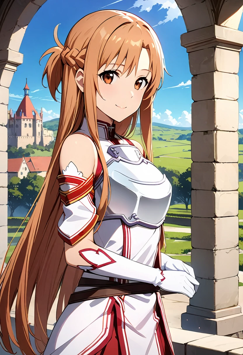 ((Meisterwerk)), höchste Qualität, Sehr detailiert,(Ein Mädchen),Yuuki als Outfit、asuna(Bleiben), braune Augen, nackten Schultern, Brustplatte, Rüstung, abgesetzte Ärmel, Handschuhe, white Handschuhe, (Rotes und weißes Kleid), lange Haare, lächeln, schöner Hintergrund ,Kleidung, 