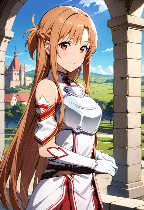 ((masterpiece)), highest quality, very detailed,(one girl),yuuki asuna、asuna(stay), brown eyes, bare shoulders, breastplate, arm...