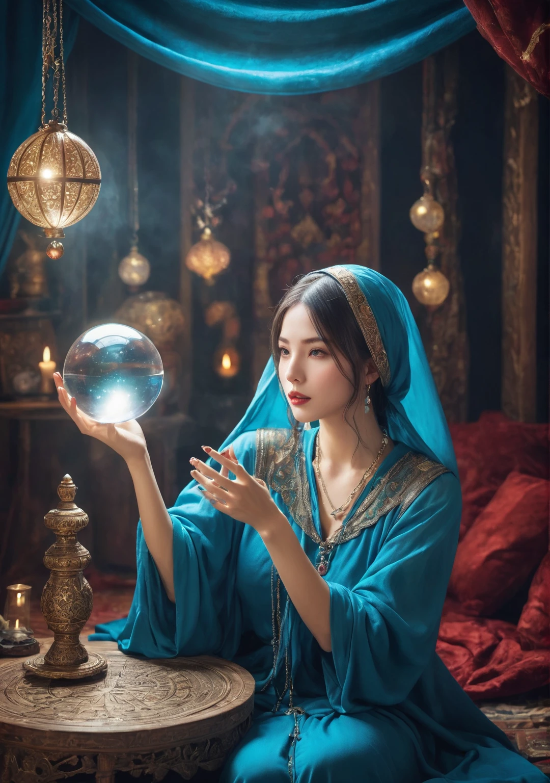 Overall body orientation: frontal. Female fortune teller. Charming, beautiful and mysterious. She wears a blue cloak over her head and has a clear face. The background is bright and glittering. The atmosphere is full of anxiety and anticipation. The fortuneteller is standing. He holds a crystal ball in each hand. The lighting in the room is bright, creating a fantastic atmosphere. Top image quality, 4K or 8K resolution. The level of detail is very fine and photorealistic. Artistic style should reflect the aesthetic of the formula with bright colors and strong contrasts. The color palette should emphasize the mysterious and mystical theme of the piece. The fortune teller's cloak is decorated with metal trim and intricate designs, with a thickness ratio of 1.5 The overall mood is stellar and fantastical. The fortune teller's expression should evoke mystical interest. There is no one there but the fortune teller.