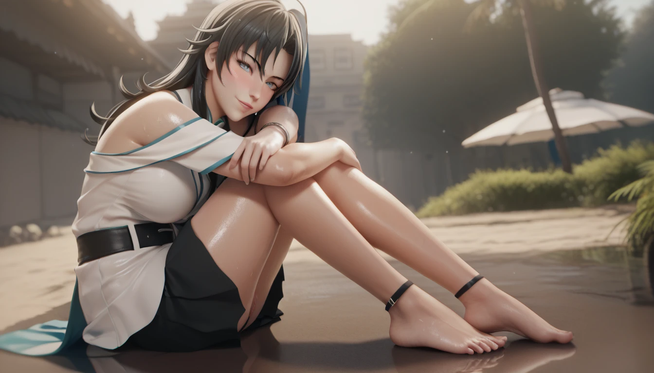 score_9, score_8_up, score_7_up, score_6_up, uncensored, yukinoshita yukino, absurdly long hair, grey eyes, black hair, very long hair, horny face, blush face, lips, naughty face, shiny skin, sweating, steaming body, curvy, voluptuous, heavy breathing, (small breasts:1.3), detailed body, detailed eyes, barefoot, 1girl, feet, skirt, toes, looking_at_viewer, shirt, solo, black_skirt, sitting, outdoors, day, jewelry, bare_legs, bare_shoulders, white_shirt, lips, soles, off_shoulder, tree, belt, pleated_skirt, sleeveless, dramatic,