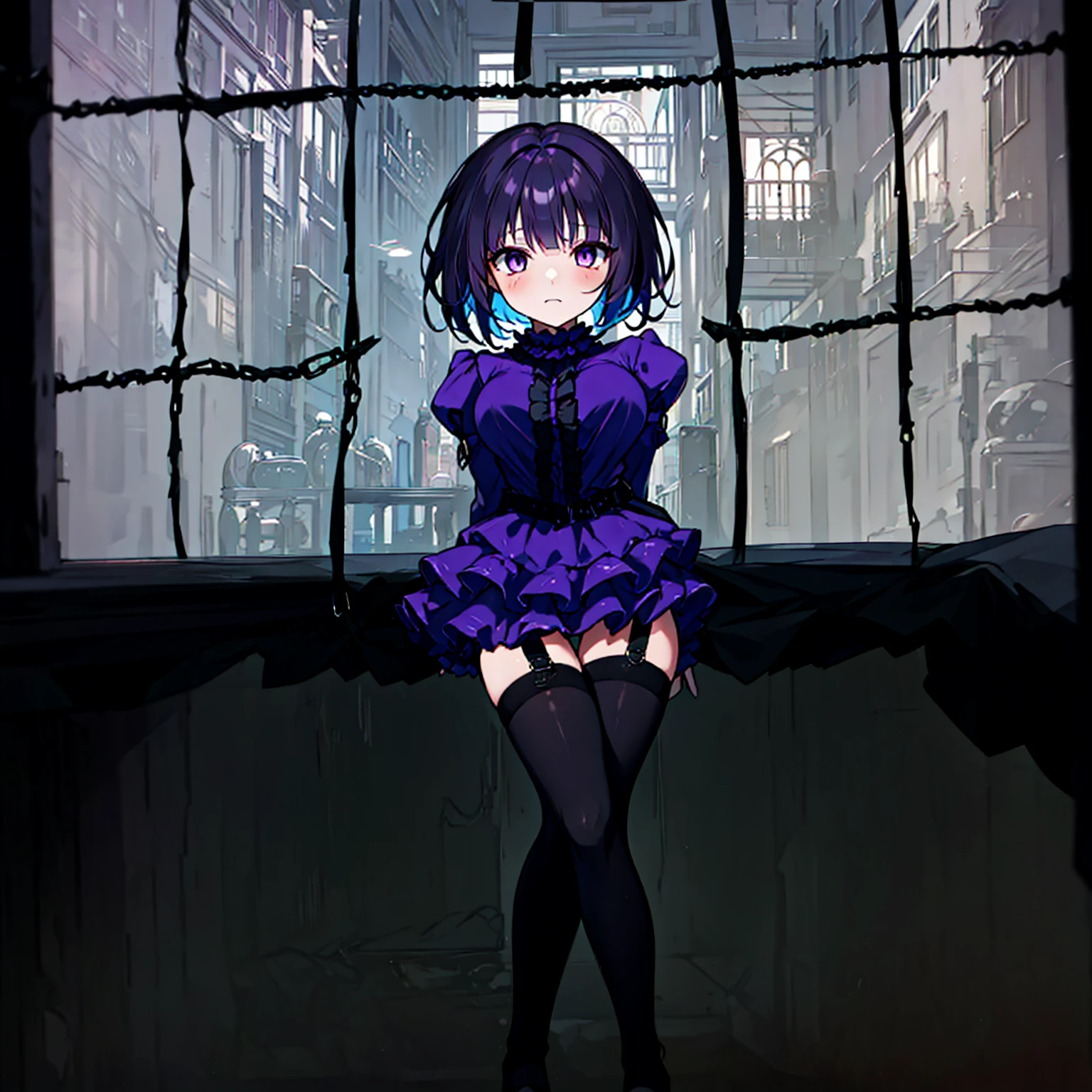 (solo), (1 skinny short girl:1.2), in the dark hall of mansion, (midnight), purple eyes over hair, Gothic Lolita, arms behind back, BREAK, (black short hair), (bursting large breasts:1.1), (bouncing breasts:1.1), pale white skins, (skinny narrow waist), skinny legs, BREAK, (frilled layered black short dress), (frilled black cape), close chest, frilled long sleeve, show off thigh gap, (frilled black thighhighs:1.1), stiletto heels, BREAK, sad face, orgasm, coverd erectile nipples