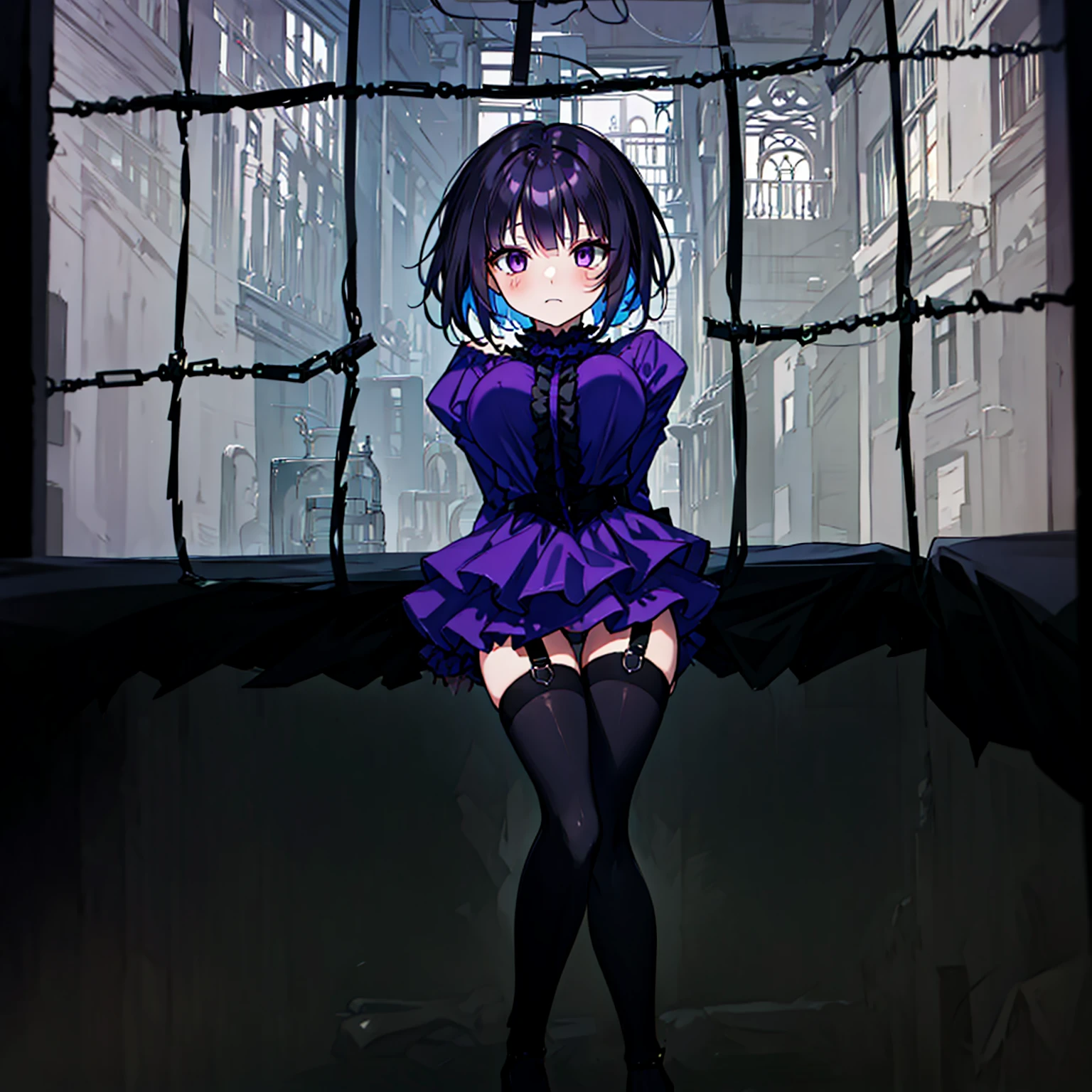 (solo), (1 skinny short girl:1.2), in the dark hall of mansion, (midnight), purple eyes over hair, Gothic Lolita, arms behind back, BREAK, (black short hair), (bursting large breasts:1.1), (bouncing breasts:1.1), pale white skins, (skinny narrow waist), skinny legs, BREAK, (frilled layered black short dress), (frilled black cape), close chest, frilled long sleeve, show off thigh gap, (frilled black thighhighs:1.1), stiletto heels, BREAK, sad face, orgasm, coverd erectile nipples