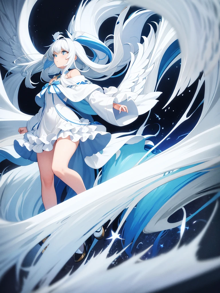 Blue Ribbon, white hair, long hair, wing hair, White wing, off the shoulder coats, white Short dress, full body, concept art, star inner hair