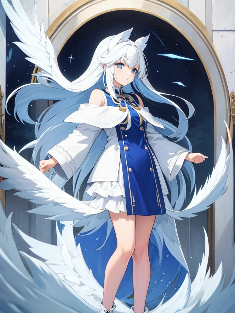 fita azul, cabelo branco, cabelo longo, cabelo de asa, Asa branca, casacos de ombro, vestido curto branco, corpo todo, arte conceitual, cabelo interno de estrela