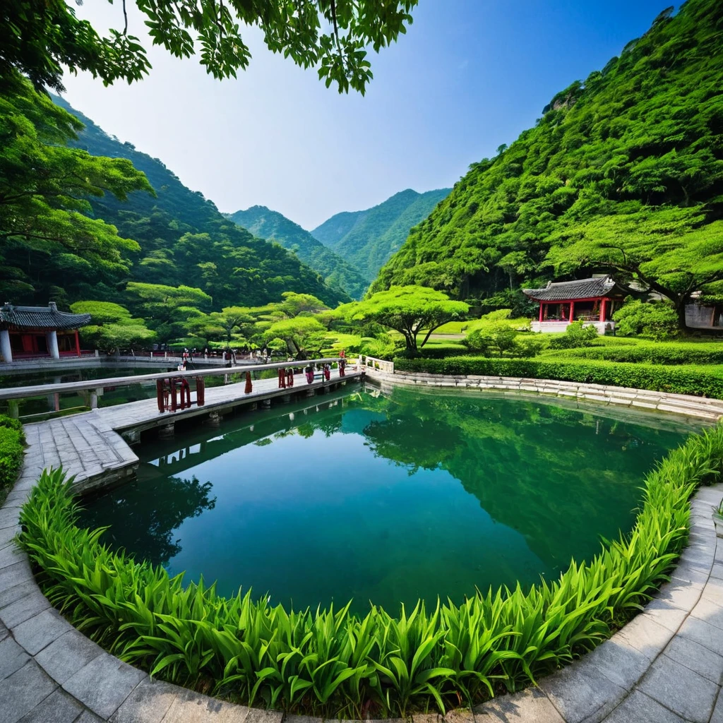 qlcd,tingyuan, photo d&#39;une villa moderne, prairie, jardin, arbustes et arbres, décoration rocheuse, ciel clair, lumière du soleil, photo réaliste
