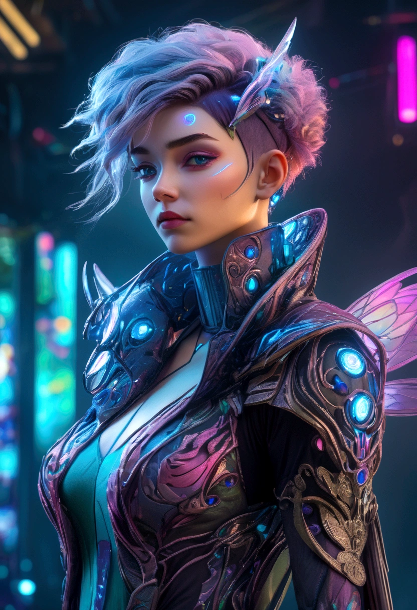 a beautiful androgynous character, fairy tale outfit with cyberpunk elements, hdr, 8k, highres, masterpiece, ultra-detailed, photorealistic, sharp focus, vivid colors, cinematic lighting, intricate details, ethereal atmosphere, futuristic fantasy, striking contrast, elegant pose, mesmerizing expression