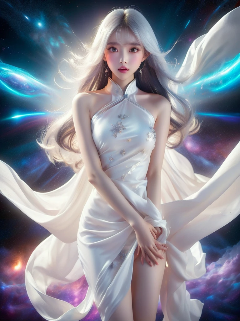 4K Ultra HD, masterpiece, A girl with a magical aura, Nice face, Long Hair, Shiny Hair, fine grain, Glossy Lips, Nude 1.5, Aura around the body, Magical Effects, Spreading white light, Cosmic elements and ethereal atmosphere, A mix of bright lights and colorful nebulae, Space Background,, Full Body Capture.Whitening、Silver Hair、(((Naked and wrapped in white cloth 1.5)))、Hair and fabric blowing in the wind、２Girl 1.5