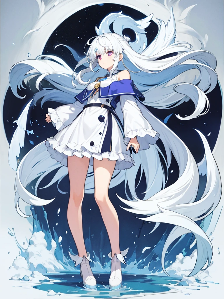 Blue Ribbon, white hair, long hair, wing hair, White wing, off the shoulder coats, white Short dress, full body, concept art, purple inner hair, star eye