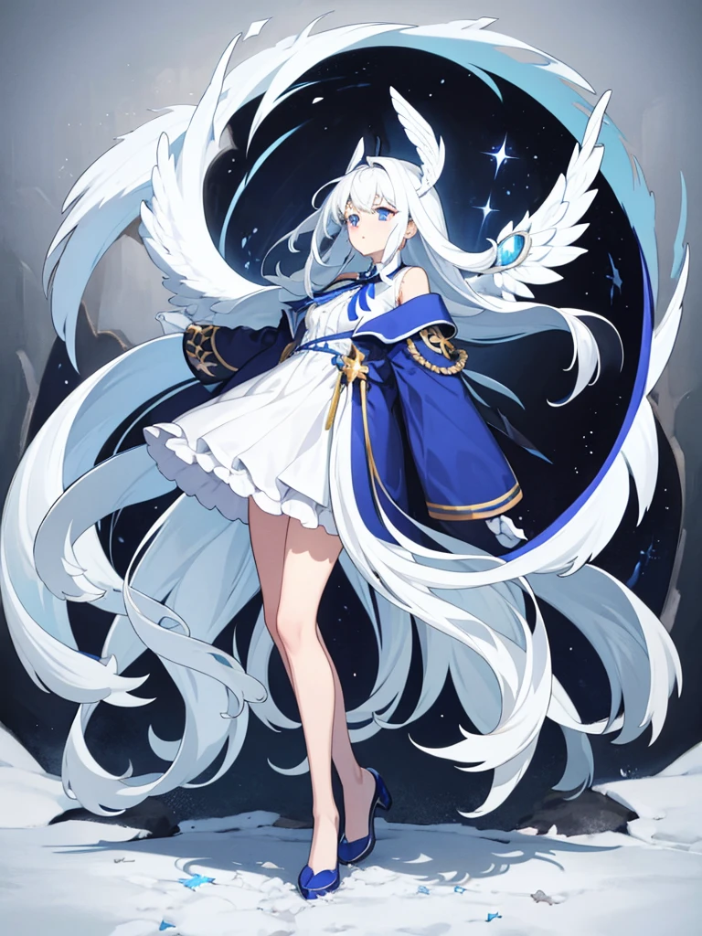 Blue Ribbon, white hair, long hair, wing hair, White wing, off the shoulder coats, white Short dress, full body, concept art, purple inner hair, star eye