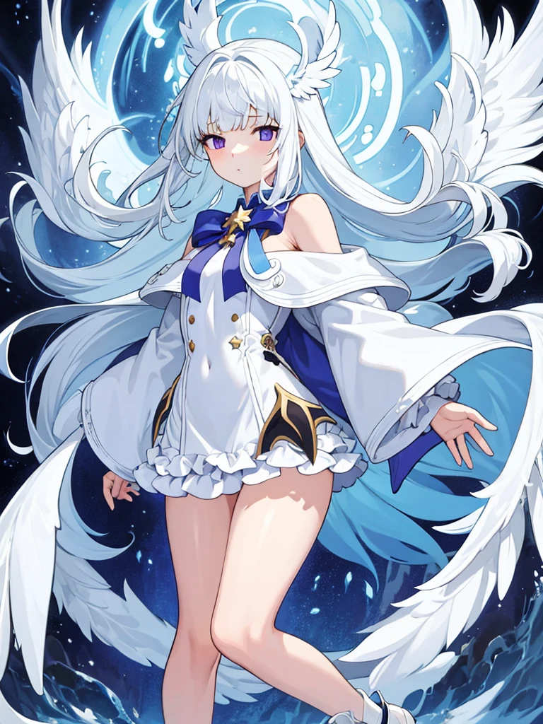 Blue Ribbon, white hair, long hair, wing hair, White wing, off the shoulder coats, white Short dress, full body, concept art, purple inner hair, star eye