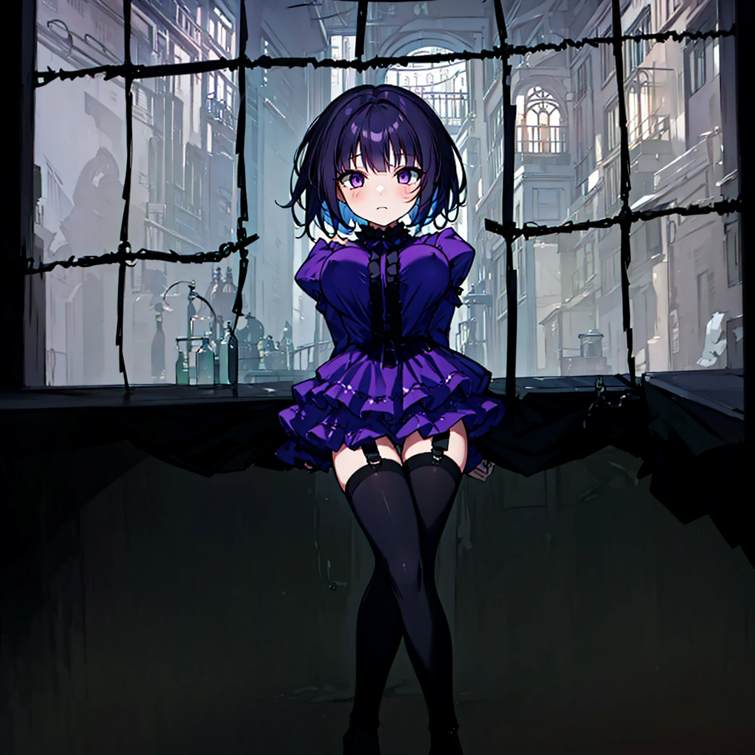 (solo), (1 skinny short girl:1.2), in the dark hall of mansion, (midnight), purple eyes over hair, Gothic Lolita, arms behind back, BREAK, (black short hair), (bursting large breasts:1.1), (bouncing large breasts:1.1), pale white skins, (skinny narrow waist), skinny legs, BREAK, (frilled layered black short dress), (frilled black cape), close chest, frilled long sleeve, show off thigh gap, (frilled black thighhighs:1.1), stiletto heels, BREAK, sad face, orgasm, coverd erectile nipples