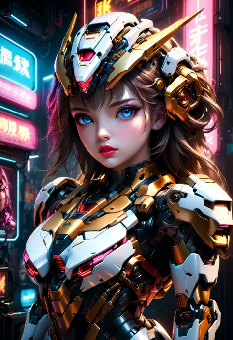 A photorealistic portrait of a beautiful 20-year-old girl wearing a red, gold, black and white off-shoulder sci-fi armor, her en...