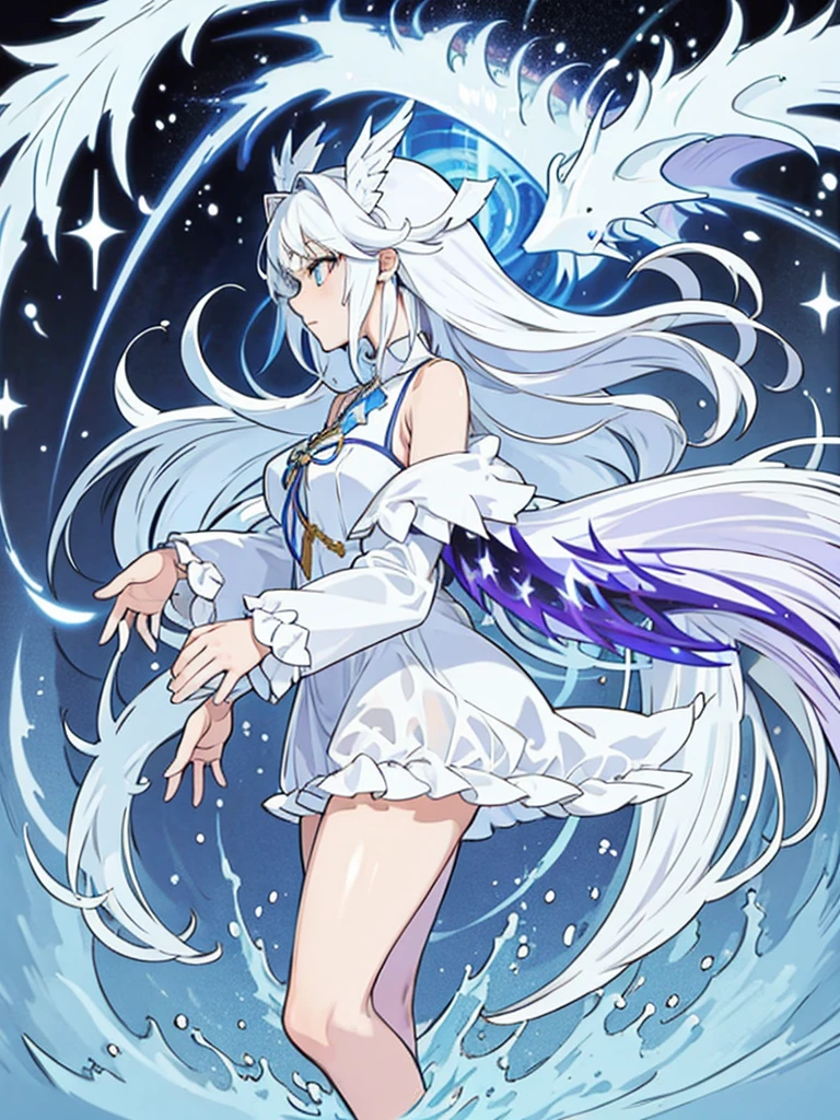 Blue Ribbon, white hair, long hair, wing hair, White wing, off the shoulder coats, white Short dress, full body, concept art, purple inner hair, star eye