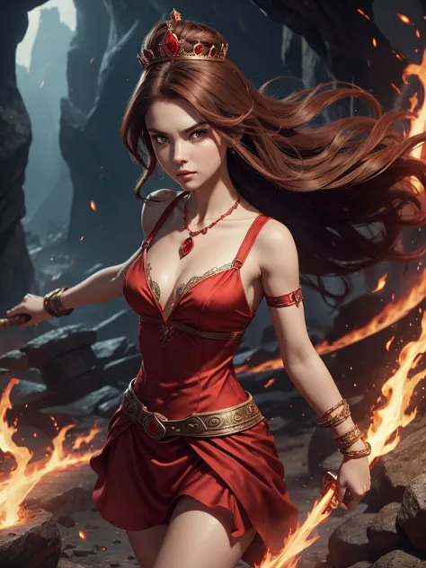 8k. a red princess in a fantasy setting with a brown hair. wearing a sexy red silky princess dress with cleavage. no pants. red ...