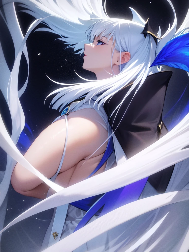 Blue Ribbon, white hair, long hair, wing hair, White wing, off the shoulder coats, white Short dress, full body, concept art, purple inner hair, star eye