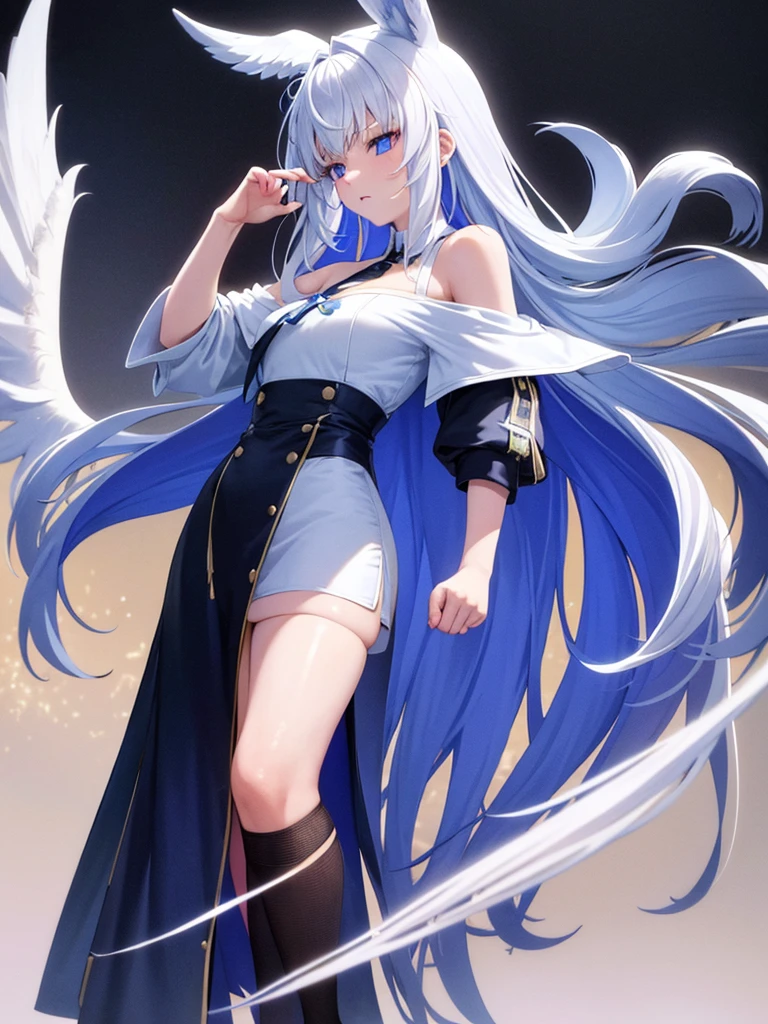 Blue Ribbon, white hair, long hair, wing hair, White wing, off the shoulder coats, white Short dress, full body, concept art, purple inner hair, star eye