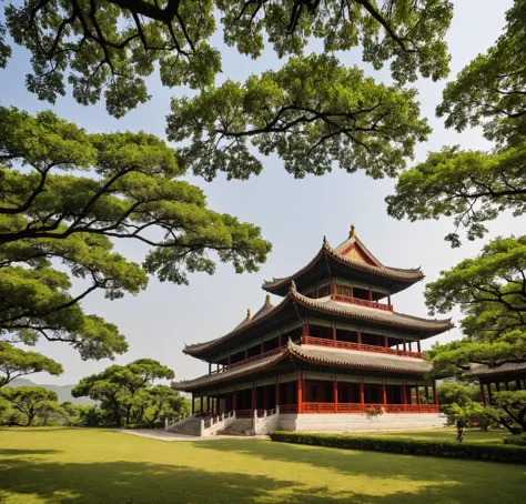 qlcd,tingyuan, photo d&#39;une villa moderne, prairie, jardin, arbustes et arbres, décoration rocheuse, ciel clair, lumière du s...