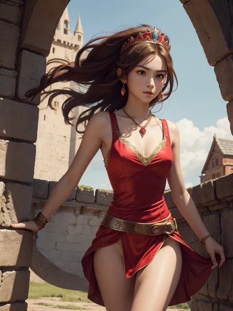 8K. 15 years old. Beautiful teenage face. Red princess in a fantasy setting with a brown hair. Wearing a sexy red silky dress. S...