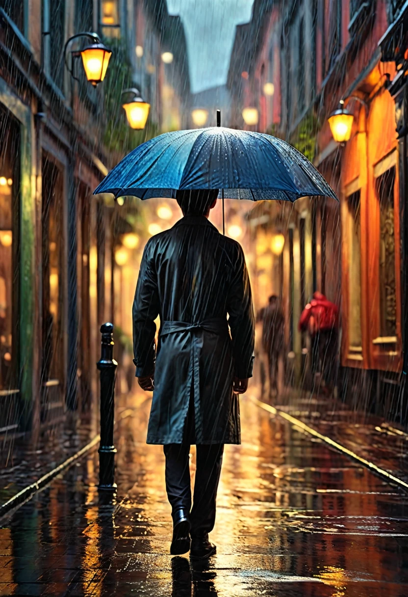 a man with an umbrella facing away, rainy day, water on the street, realistic oil painting, cinematic lighting, highly detailed, Renaissance art style, dramatic shadows, gloomy atmosphere, moody color palette, depth of field, photorealistic, (best quality, 8k, highres, masterpiece:1.2), ultra-detailed, (realistic, photorealistic, photo-realistic:1.37), HDR, UHD, studio lighting, ultra-fine painting, sharp focus, physically-based rendering, extreme detail description, professional, vivid colors, bokeh