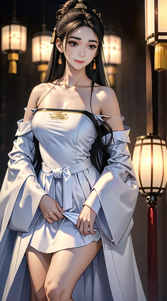 Girl in traditional Chinese clothing, Hanfu ,long black hair, black eyes, black bun hairstyle, hair accessories ,white diamond earrings, Bangle Diameter, Dia Necklace, Clear eyes, Facing forward,put on makeup, Long eyelashes
,(Long shoulder coat:1.5), (long white skirt:1.5), ((Whole body)), ((from below))ฃ, Clear face,  , (Very beautiful face, Beautiful mouth, beautiful eyes), detailed face, ((Ultra-fine skin)), In the dark, deep shadows, an ancient Chinese girl (Very slim figure 1.3) ,Plump breasts, sexy slender legs elegant posture (smile brightly) (city night (neon light)) (nighttime ),