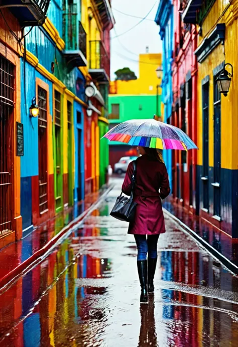 a young woman walking with an umbrella on a rainy and colorful street in la boca, buenos aires, argentina, detailed city scene, ...