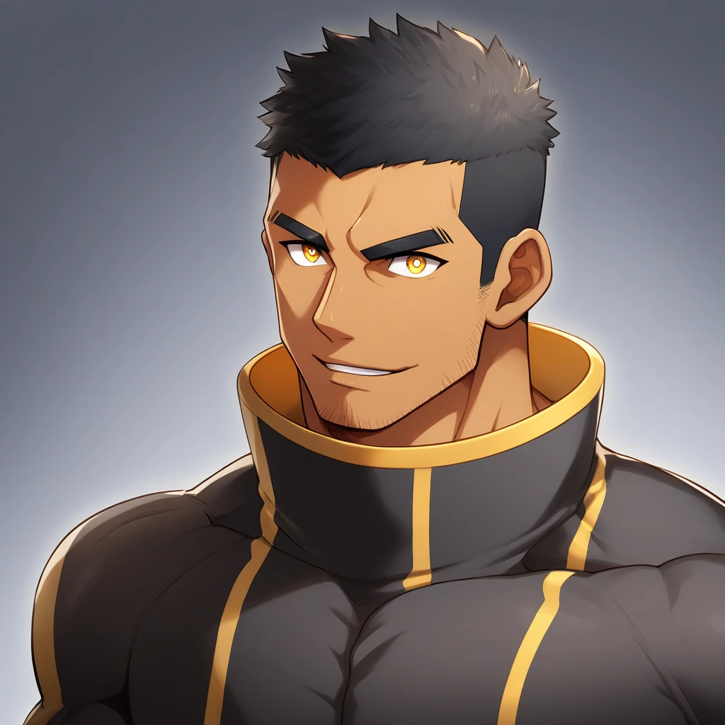 personajes de anime：gye, Estudiante de deportes musculares, negro piel negra, 1 tipo duro musculoso de piel oscura, hombría, enfoque masculino, Camiseta ajustada de manga larga con cuello alto a rayas amarillas y negras, Ligeramente transparente material, muy ajustado, Redondo, músculos del pecho llenos y alegres, Ligeramente transparente, muscular male, muscular, solo, Parte superior del cuerpo, alone, pelo corto negro, cejas gruesas, rastrojo, Ojos amarillos, fondo gris, fondo sencillo, calidad increíble, Mejor estetica, Ridículo, pupilas brillantes, Corte de equipo, Labios partidos, sonrisa seductora, torogao, Cara traviesa, sombra paralela, mejor calidad