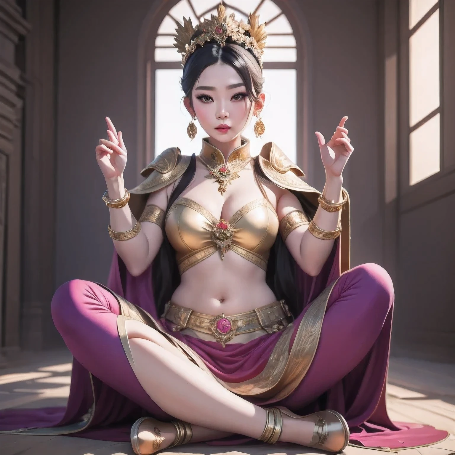 statue of a woman sitting in a lotus position with her hands in the air, extremely detailed goddess shot, Fan Bingbing of the southern seas, g Fan Bingbing, gilded lotus princess, goddess. extremely high detail, unreal engine render + a goddess, ancient Zhou Dongyu goddess, by Yang J, goddess of love and peace, a beautiful fantasy empress, beautiful digital artwork, 1 girl, solo