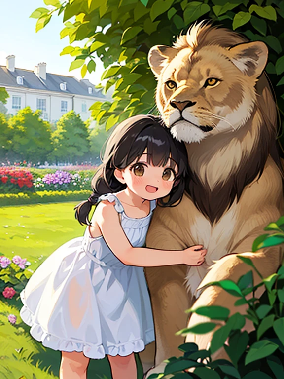 (Highest quality,4K,8K,High resolution,masterpiece:1.2), Very detailed, (Deformed, Realistic, Realistic:1.3)，One Girl，cute，Very short stature，，Laughing happily, Brown eyes，length, fluffy, Black hair braids，White Dress，Hugging a Lion，The lion is much bigger than the girl...，This lion is a male African lion..，The background in early summer is the garden of a country house，