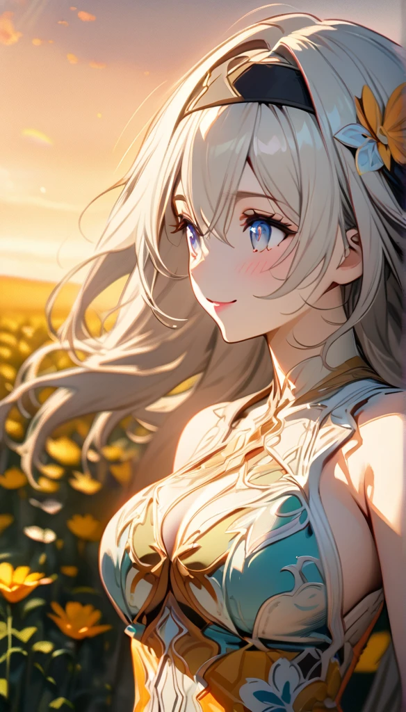 beautiful girl, long grey hair, beautiful face,smiling,close up to hips, beautiful breast, in the middle of flowers field, (open mouth:0.4),illustration,detailed textures(realists),ultra-detailed,portrait style,vivid colors,soft lighting, blushing, mature, hair fluttering, evening light , head band, ((half body)),  cleavages, wearing intricate dress, perky. ((side profile ))