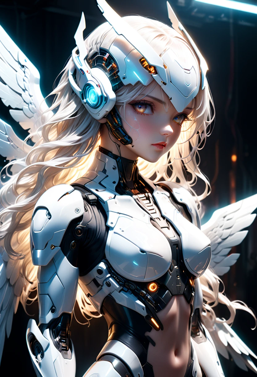 a battle cyborg angel, large metal wings, white porcelain body, acrylic clear cover, long white wavy hair, glowing skin, cyberpunk style, futuristic headgear, highly detailed, 8k, photorealistic, dramatic lighting, cinematic, masterpiece, raw photos