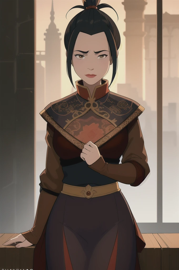 (dark theme:0.6), (dark shot:1.1), epic realistic, (dark shot:1.4), 80mm, (anime), (illustration), cartoon, detailed, azula, 1girl, solo, short hair, black hair, hair ornament, ponytail,  brown eyes,  lipstick,  red lips ,maid, embarrassed, blush, looks away, art by greg rutkowski and artgerm, soft cinematic light, adobe lightroom, photolab, hdr, intricate, highly detailed, (depth of field:1.4), soft light, sharp, exposure blend, medium shot, bokeh, (hdr:1.4), high contrast, (cinematic, teal and orange:0.85), (muted colors, dim colors, soothing tones:1.3), low saturation, (hyperdetailed:1.2), (noir:0.4), faded, (neutral colors:1.2), (hdr:1.4), (muted colors:1.2), hyperdetailed, (artstation:1.4), cinematic, warm lights, dramatic light, (intricate details:1.1), complex background, (rutkowski:0.66), (teal and orange:0.4), (hdr:1.22), muted colors, complex background, hyperdetailed, art [[by jordan grimmer]]