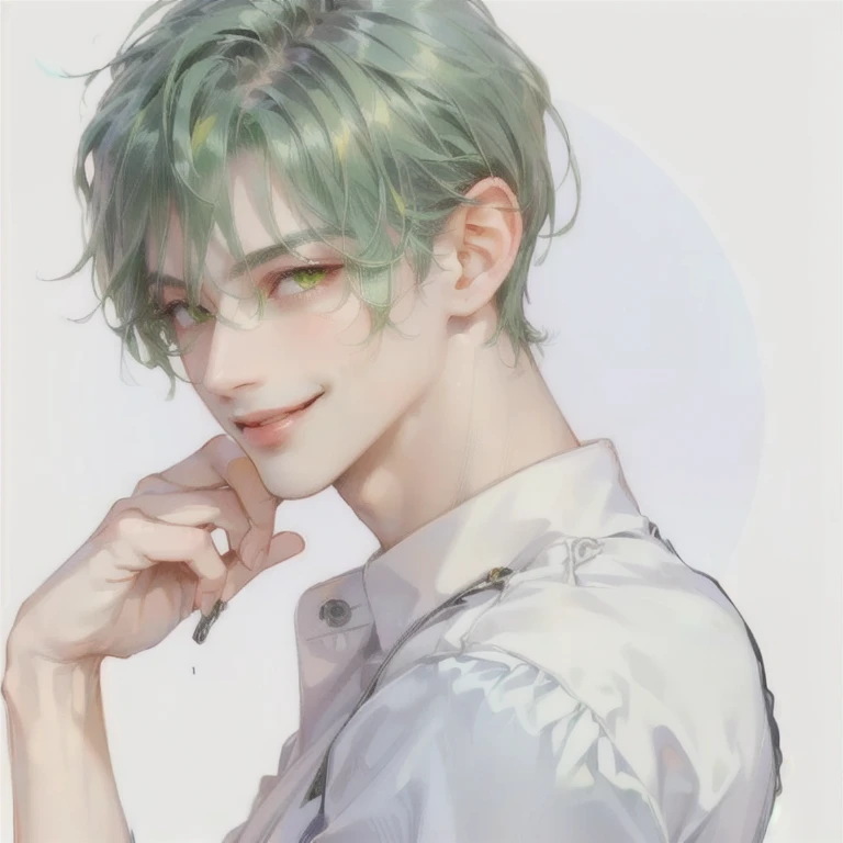 ((GREEN HAIR MESSY HAIR MAN))((BRIGHT VERY BRIGHT YELLOW EYES))((SEDUCTIVE EYES))((ILLEGAL))((SMIRK))((SUBTLE COCKY SMIRK))((SEXY LOOKING FACE))((MATURE))((GREEN HAIR))((YELLOW EYES))((RELAXED))((ELEGGANT WEAR))((ELEGANT BG))((MATURE MALE OLD MALE))