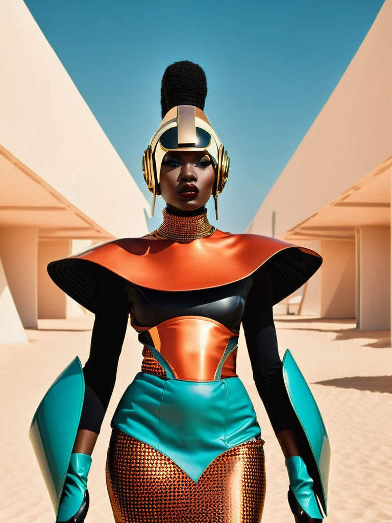 frofuturist mode photography, capturing the essence of Afrocentric style and futuristic esthétique in stunning visual Récits, mode:1.4, esthétique:1.3, Récits:1.2. , afrofuturisme