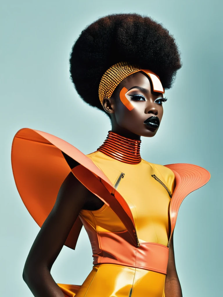 frofuturist mode photography, capturing the essence of Afrocentric style and futuristic esthétique in stunning visual Récits, mode:1.4, esthétique:1.3, Récits:1.2. , afrofuturisme