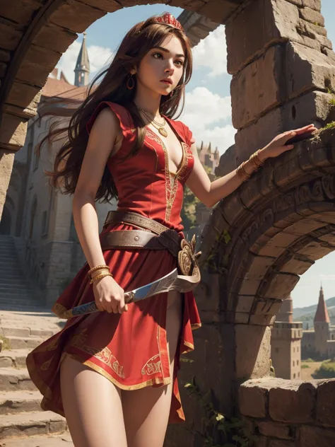 8K. 15 years old. Beautiful teenage face. Red princess in a fantasy setting with a brown hair. Wearing a sexy red silky dress. S...