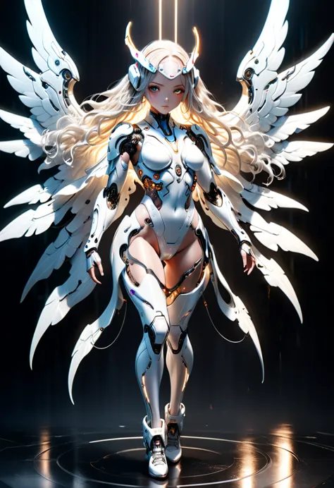 cyborg angel, large metal wings, white porcelain body, acrylic clear cover, long white wavy hair, glowing skin, cyberpunk style,...
