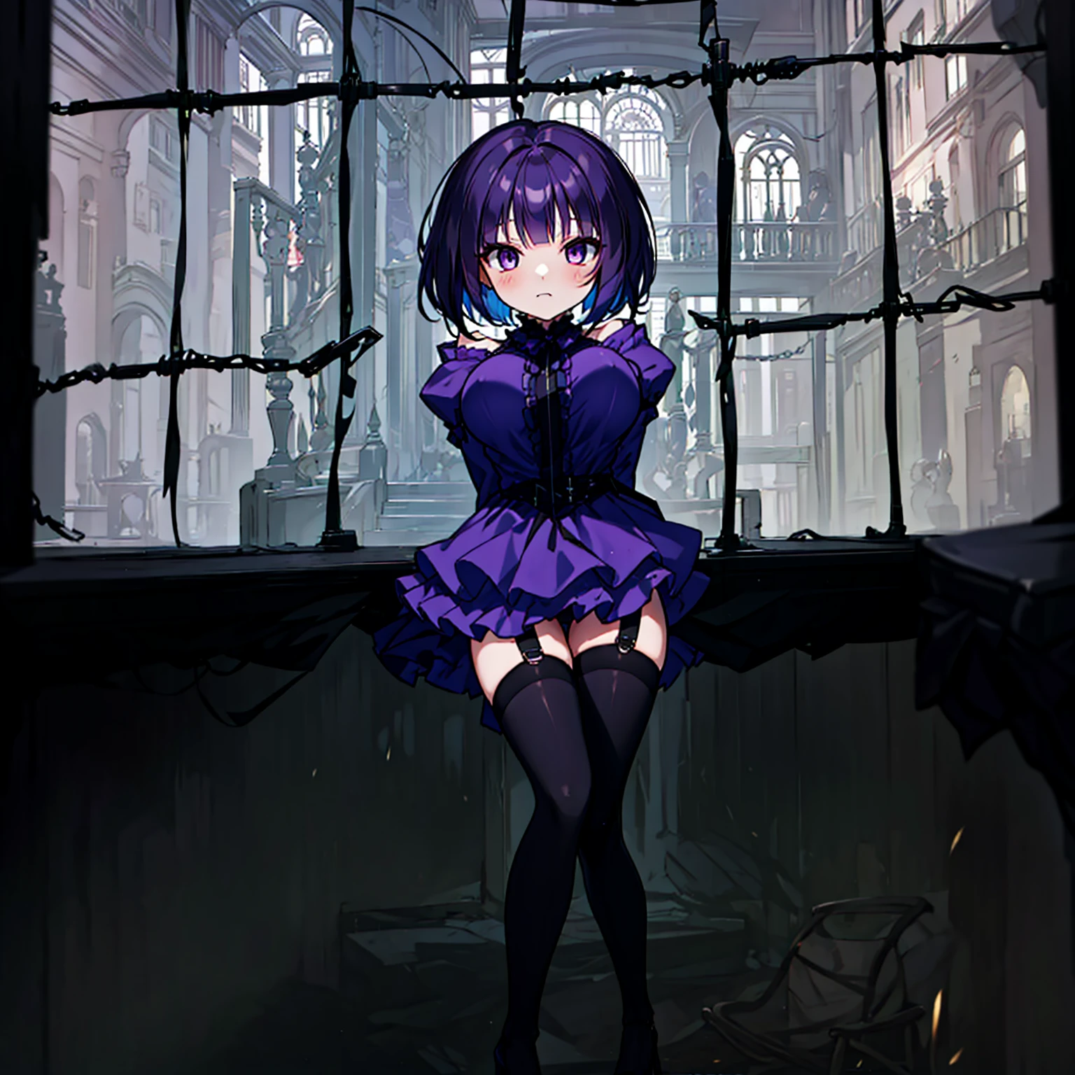 (solo), (1 skinny short girl:1.2), in the dark hall of mansion, (midnight), purple eyes over hair, Gothic Lolita, arms behind back, BREAK, (black short hair), (bursting lhuge breasts:1.1), (bouncing huge breasts:1.1), pale white skins, (skinny narrow waist), skinny legs, BREAK, (frilled layered black short dress), (frilled black cape), close chest, frilled long sleeve, show off thigh gap, (frilled black thighhighs:1.1), stiletto heels, BREAK, sad face, orgasm, coverd erectile nipples
