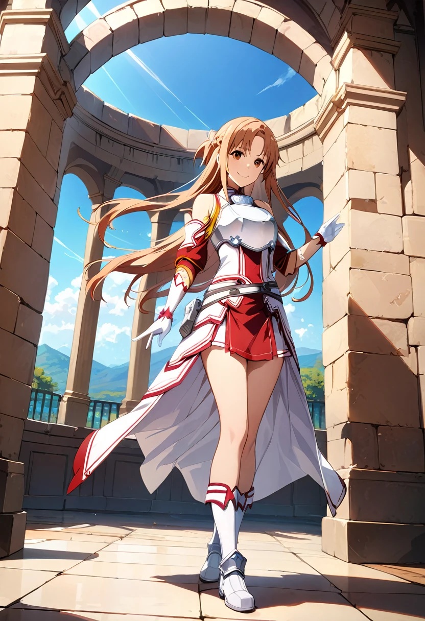 ((masterpiece)), Highest quality, Very detailed,(One Girl),Yuuki asuna、asuna(stay), brown eyes, bare shoulders, breastplate, armor, detached sleeves, gloves, white gloves, (red and white dress), Long Hair, smile, Beautiful background ,Clothing, Full Body