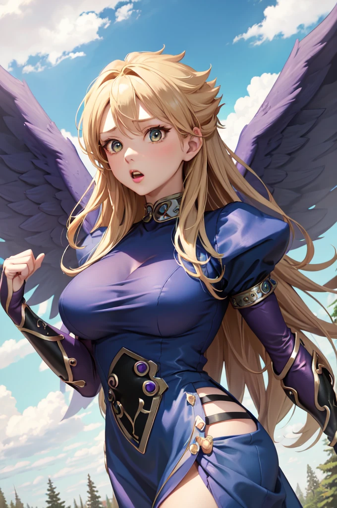 masterpiece, best quality, bofNina, purple wings, blue dress, bridal gauntlets, upper body, hands to own heart, surprised, large breasts, forest, sky, clouds 