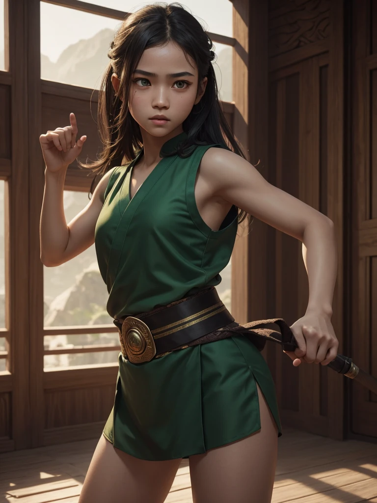 a teenage girl, master of traditional silat. beautiful detailed eyes, detailed hair, beautiful detailed lips, extremely detailed eyes and face, long eyelashes, 1girl, highschool student, 15 years old, wearing green sleeveless silat uniform no pants, flat chest, at the green temple, dynamic pose, slim physical body, shory body, detailed facial features, intense expression, dramatic lighting, cinematic composition, hyper realistic, 8k, ultra-detailed, masterpiece, photorealistic