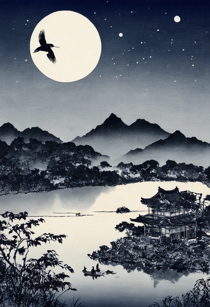 oiseau、Lac、lune、étoile、Monochromes