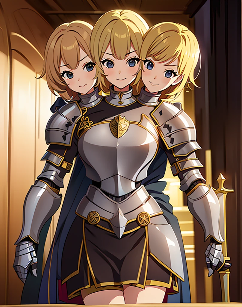 (masterpiece),(ultra-detailed), (high quality), (high resolution), (best quality:1.5, highres, UHD), highres, absurdo, ultra detail, ultra quality, (2heads:1.5), 1girl, ((golden blonde hair)), thighs, (gray armor), female warrior, (fully armored), (medieval outfit), (black eyes), armored chest piece, gorgeous female knight, Guild Clothes with Armor, Fantasyart:1.5, (1 Female Knight:1.5), Detailed and detailed depiction armor, (seductive smirk), detailed eyes, sword hilt