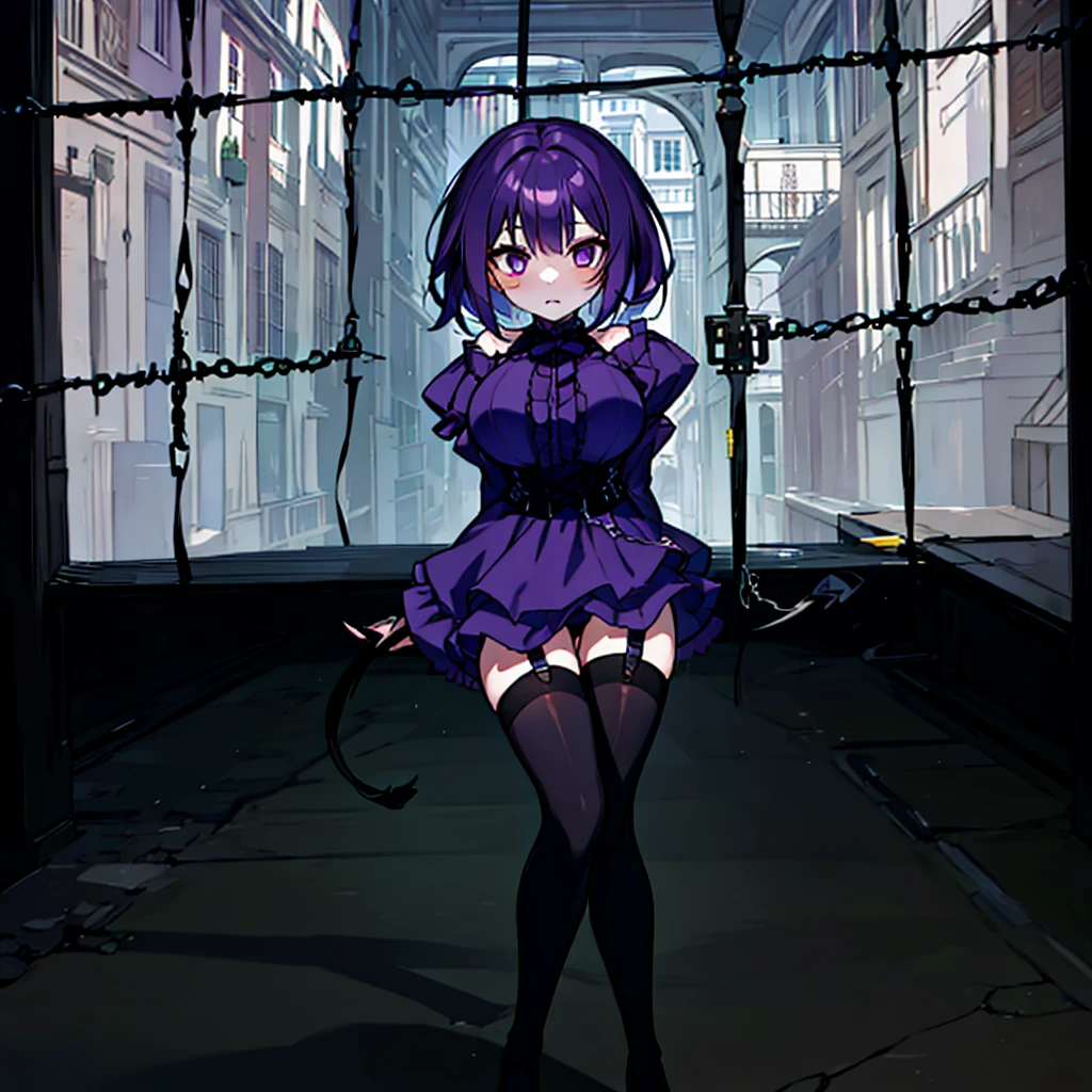 (solo), (1 skinny short girl:1.2), in the dark hall of mansion, (midnight), purple eyes over hair, Gothic Lolita, arms behind back, BREAK, (black short hair), (bursting lhuge breasts:1.1), (bouncing huge breasts:1.1), pale white skins, (skinny narrow waist), skinny legs, BREAK, (frilled layered black short dress), (frilled black cape), close chest, frilled long sleeve, show off thigh gap, (frilled black thighhighs:1.1), stiletto heels, BREAK, sad face, orgasm, coverd erectile nipples