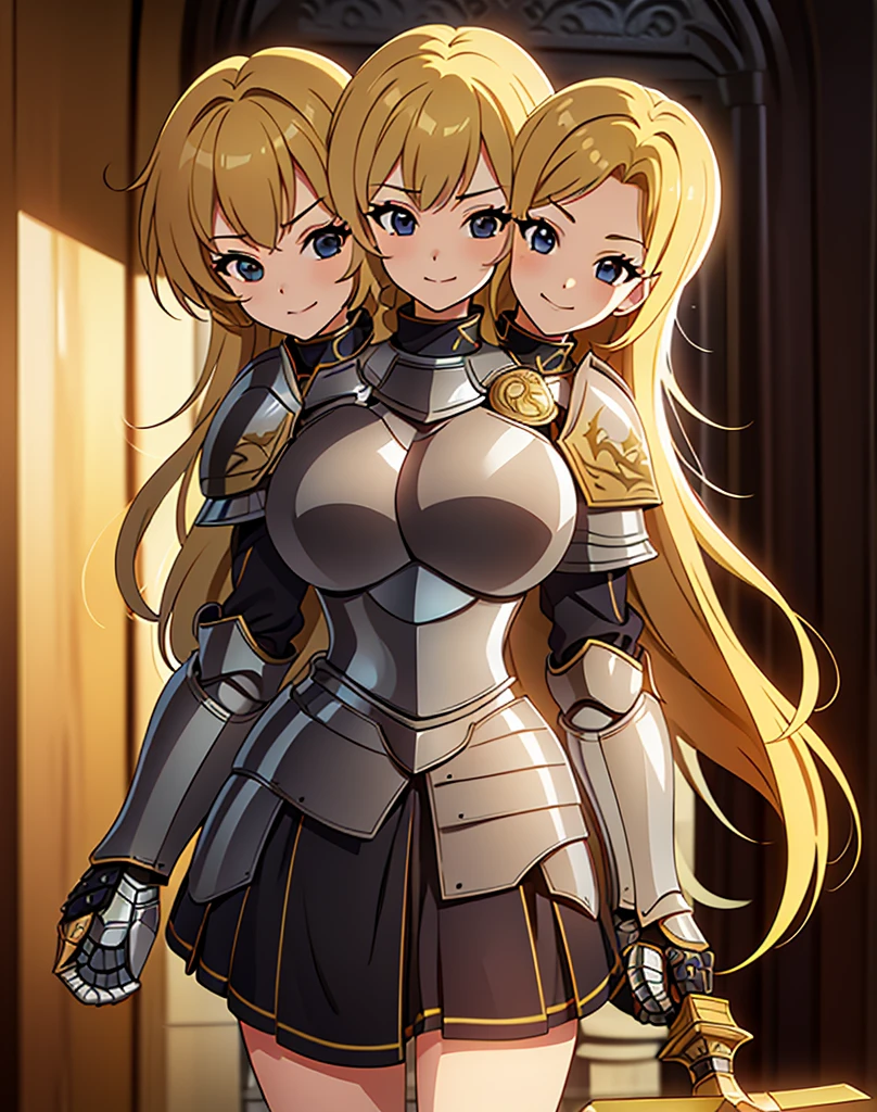 (masterpiece),(ultra-detailed), (high quality), (high resolution), (best quality:1.5, highres, UHD), highres, absurdo, ultra detail, ultra quality, (2heads:1.5), 1girl, ((golden blonde hair)), thighs, (gray armor), female warrior, (fully armored), (medieval outfit), (black eyes), armored chest piece, gorgeous female knight, Guild Clothes with Armor, Fantasyart:1.5, (1 Female Knight:1.5), Detailed and detailed depiction armor, (seductive smirk), detailed eyes, sword hilt