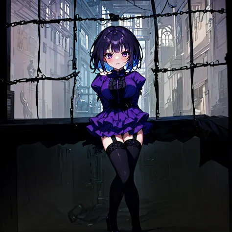 (solo), (1 skinny short girl:1.2), in the dark hall of mansion, (midnight), purple eyes over hair, Gothic Lolita, arms behind ba...