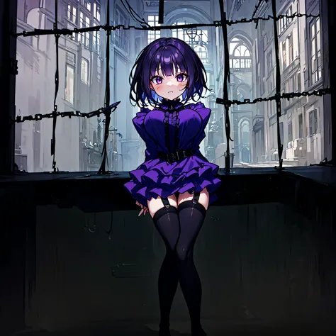 (solo), (1 skinny short girl:1.2), in the dark hall of mansion, (midnight), purple eyes over hair, Gothic Lolita, arms behind ba...