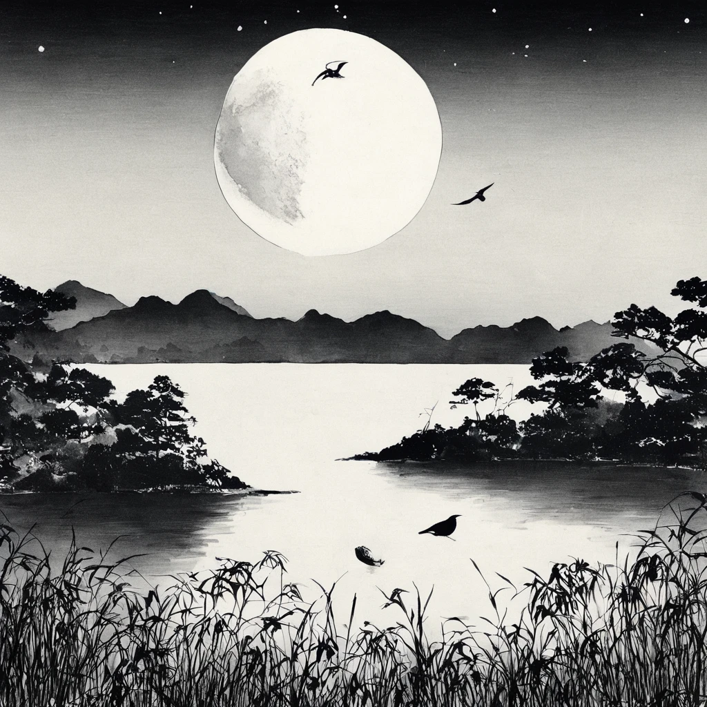 oiseau、Lac、lune、étoile、Monochromes